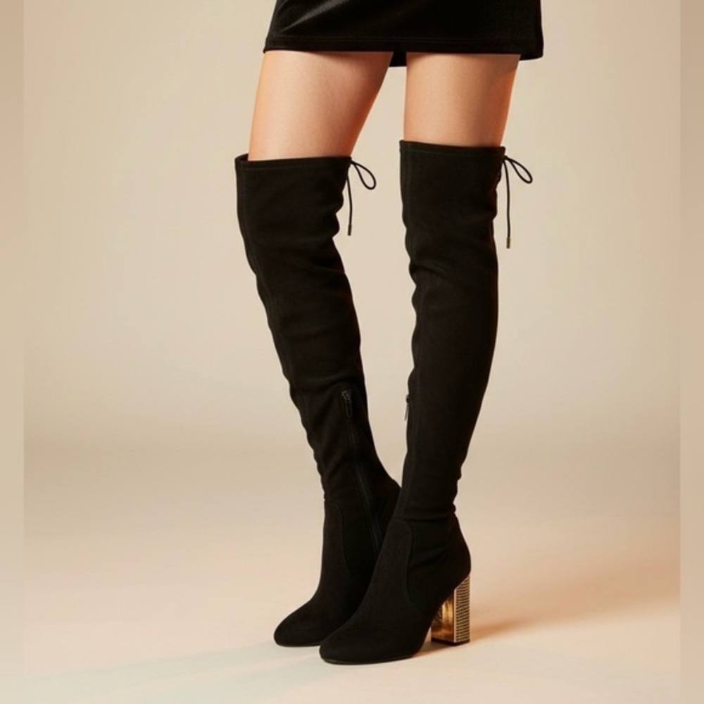 GUESS Black Gold Studded Heel Over The Knee Lace Up Boots y2k Glam